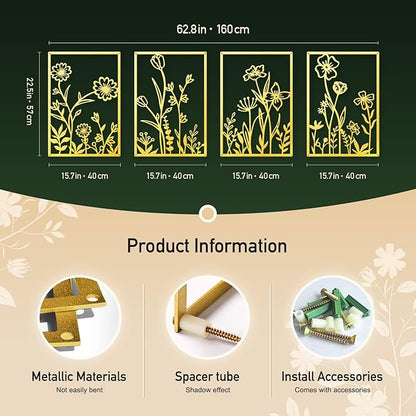 Sokurdeg Gold Metal Flowers Wall Decor, Minimalist Floral Metal Wall Hanging Art for Bedroom Bathroom Living Room (4 Pcs, 15.7 x 22.5 in)