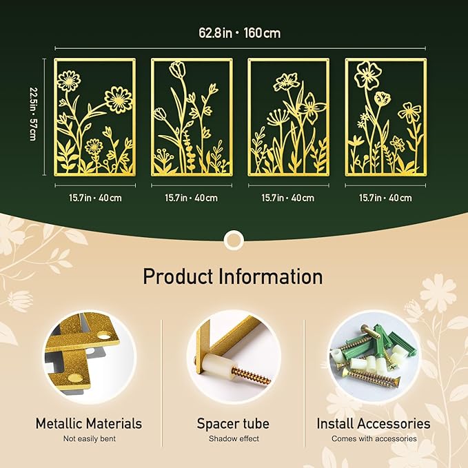 Sokurdeg Gold Metal Flowers Wall Decor, Minimalist Floral Metal Wall Hanging Art for Bedroom Bathroom Living Room (4 Pcs, 15.7 x 22.5 in)