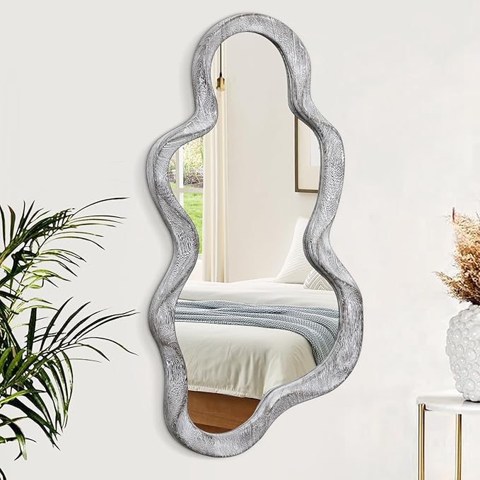 Irregular Wall Mirror Cloud Wavy Wood Frame Mirrors Asymmetrical Modern Mirror for Wall for Vanity Bathroom Living Room Bedroom Entryway Hallway Modern Unique Decorative Artistic Mirror Large