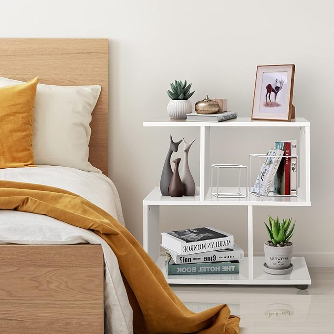 Giantex Set of 2 3-Tier Geometric Bookshelf, 24’’ Tall Wood S-Shaped Display Shelves with Thick Foot Pads, Freestanding Open Shelves Nightstand, Floor Standing Display Shelf Bookcase