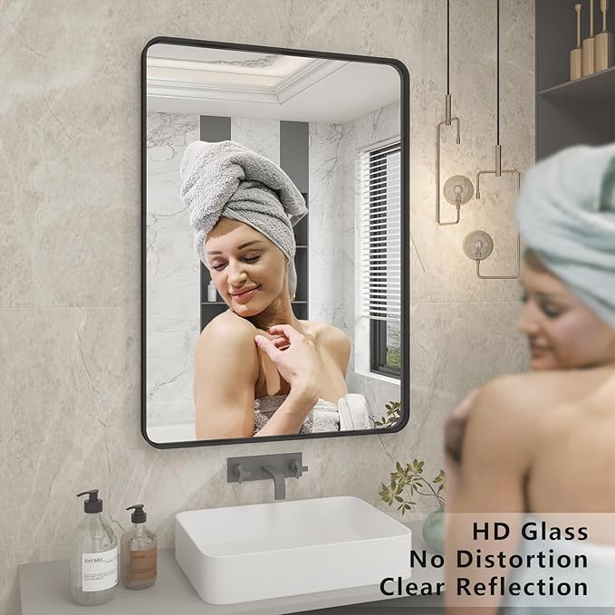 CHAMROR 20x30 Inch Black Metal Framed Bathrrom Mirror for Wall, Black Rounded Rectangle Mirror, Matte Black Bathroom Vanity Mirror, Anti-Rust, Tempered Glass, Hangs Horizontally or Vertically