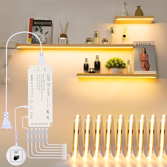 16.4ft 3000K Shelf Sights, Plug-in Cut to Size COB LED Light Strip for 6 Shelves, Hand-Sweep Under Shelf Lighting for Pantry Bookshelf
