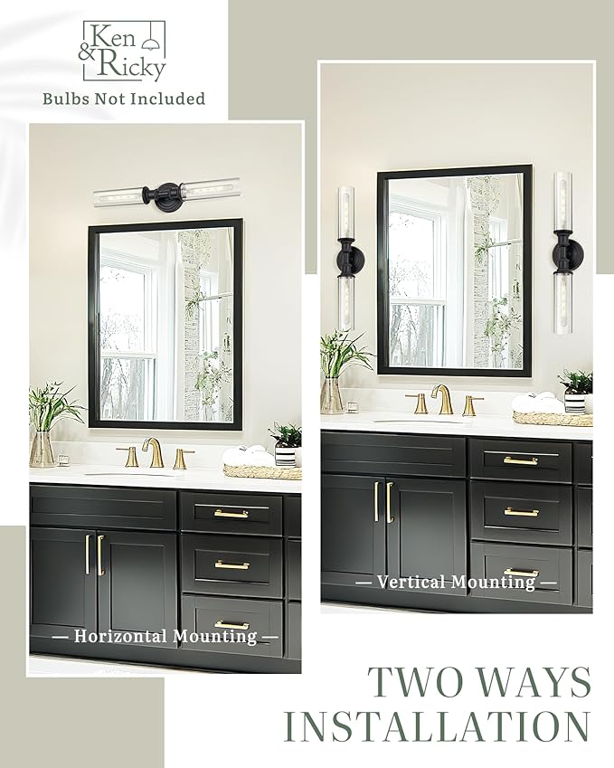 Ken & Ricky Modern Bathroom Sconces Set of 2, Matte Black Bathroom Wall Sconces,24-Inch Wall Sconce Light Fixtures for Bathroom Living Room Bedroom