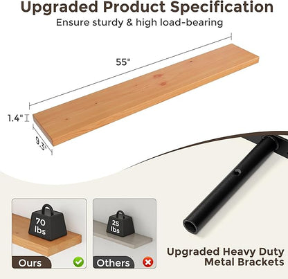 Axeman 55 Inch Floating Shelves for Wall, 9.3" Deep High End Solid Real Wood Wall Shelves with Heavy Duty Invisible Bracket for Living Room, Bedroom, Kitchen, Bathroom, Set of 1, Natural