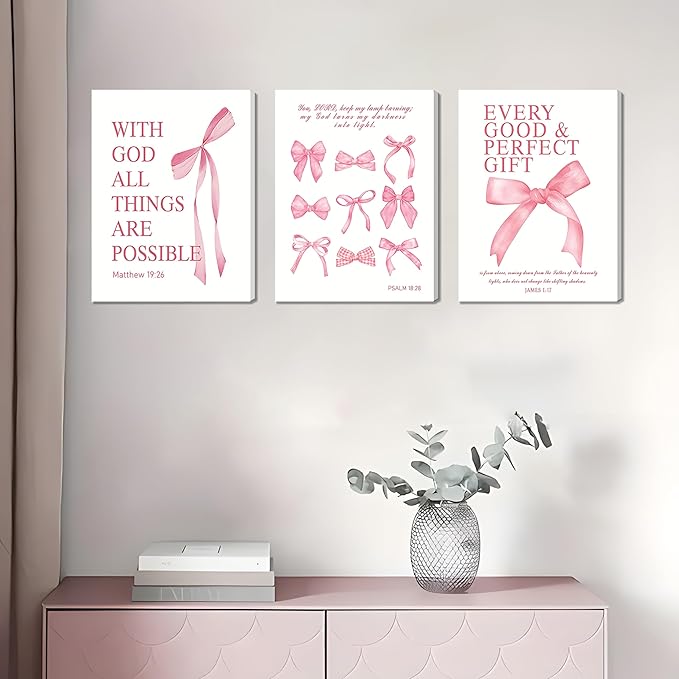 Pink Bow Canvas Wall Art Set of 3, Pink Coquette Dorm Room Wall Decor Paintings, Inspirational Scripture Verses Bows Posters Prints Pictures for Girls Dorm Room Bathroom Bedroom 12x16 Inch Framed