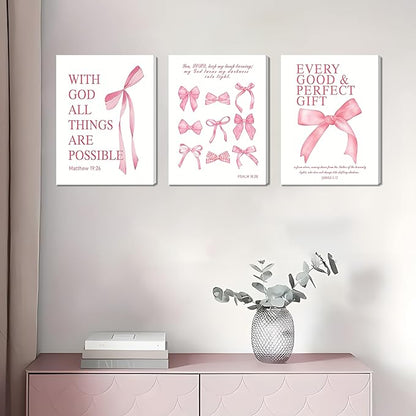 Pink Bow Canvas Wall Art Set of 3, Pink Coquette Dorm Room Wall Decor Paintings, Inspirational Scripture Verses Bows Posters Prints Pictures for Girls Dorm Room Bathroom Bedroom 12x16 Inch Framed