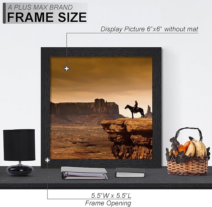 A PLUS MAX Square 6x6 Frame Set of 6, Black Engineered Wood Picture Frame for 6 x 6 Picture Poster Photo, Light Weight 6by6 Frame with Wood-grain for Wall - 6 Pack/Black/6"x6"