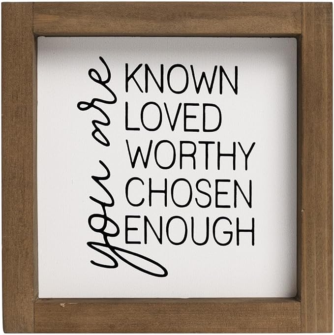 flangairy You Are Known Loved Worthy Chosen Enough Inspirational Sign, 6 Inch Wooden Positive Affirmations Wall Art Decor, Office Bedroom Bathroom Table Shelf Home Decorations