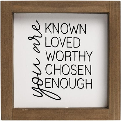 flangairy You Are Known Loved Worthy Chosen Enough Inspirational Sign, 6 Inch Wooden Positive Affirmations Wall Art Decor, Office Bedroom Bathroom Table Shelf Home Decorations