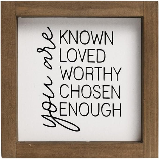 flangairy You Are Known Loved Worthy Chosen Enough Inspirational Sign, 6 Inch Wooden Positive Affirmations Wall Art Decor, Office Bedroom Bathroom Table Shelf Home Decorations