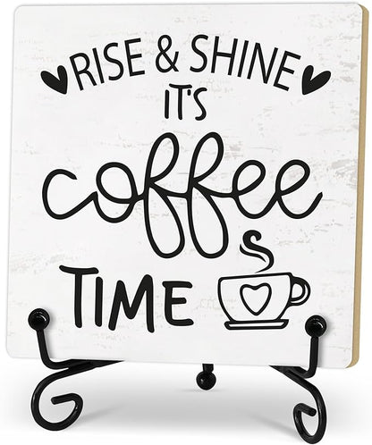 Coffee Desk Decor Sign, Coffee Time Sign With Stand For Farmhouse Home Kitchen Table, Wine Sign For Farmhouse Home Kitchen Bar Shelf Table, Gifts For Family Friend Coworker-07