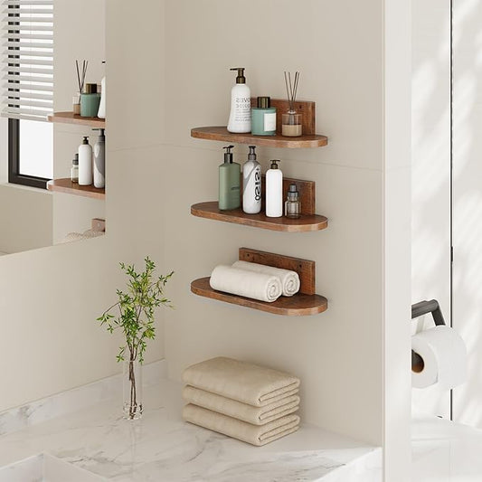 Wooden Floating Shelves for Wall, Floating Shelf for Bedroom Kitchen Decor, Wall Mounted Rustic Farmhouse Wood Shelf for Books, Plants, Set of 3(Rustic Brown, S (Round))