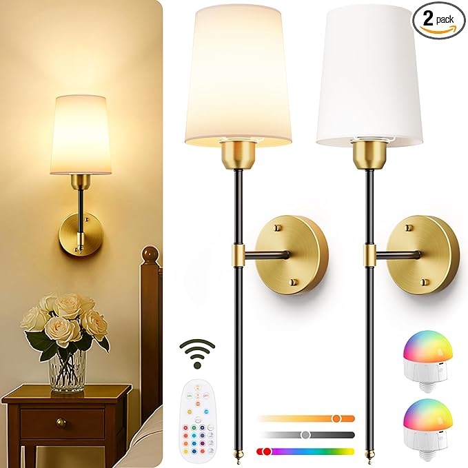 Battery Operated Wall Sconces Set of 2, Black Gold Cordless Wall Lights with Rechargeable Magnetic Bulbs and Remote, Dimmable & 15 RGB Colors Wall Lamps for Bedroom Living Room Hallway 23Inch