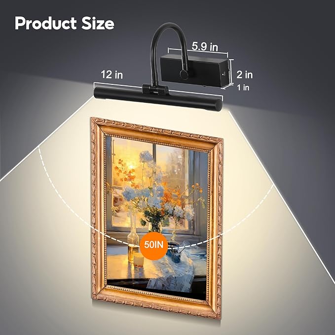 12"Rechargeable Picture Light for Wall Black Cordless Art Lights Battery Operated Dimmable Wall Light with Remote & Timer 3 Color Modes for Paintings Wall Light for Gallery Artwork Warm White