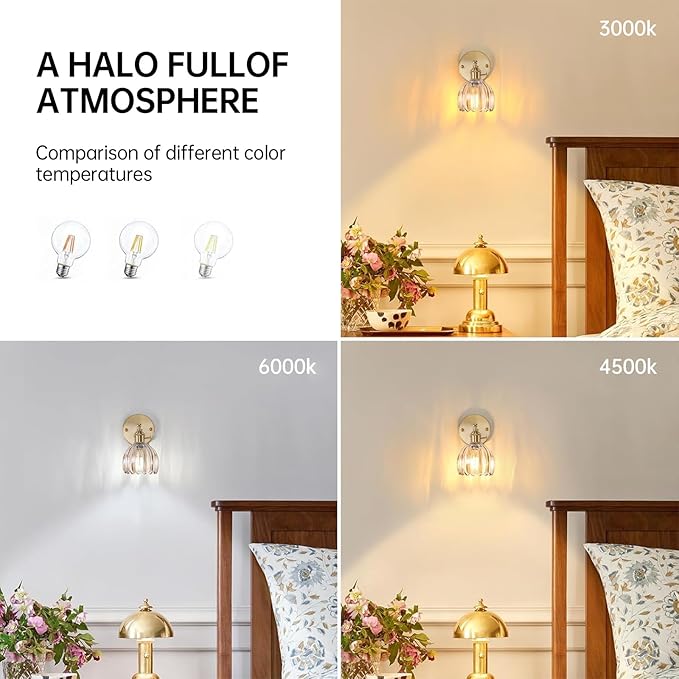 Vintage Wall Sconces with Amber Tulip Glass Lampshade 180 Degree Adjustable Brass Sconces Hradwired Modern Wall Lighting Fixture with Switch for Bedside Bedroom Doorway