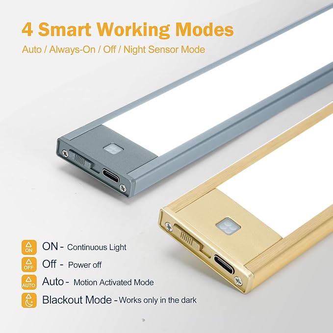 V4light Rechargeable Motion Sensor Under Cabinet Light, Magnetic LED Bar with 1500mAh Battery, Silver Aluminum Cabinet Lighting, Dimmable 3 Color Temperatures for Kitchen, Pantry & Closets (9 in)