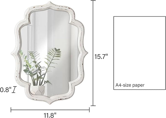 Vintage Small Scalloped Wall Mirror Decorative 16" x 12", Hanging Rustic Distressed White Bathroom Mirrors for Vanity, Farmhouse Wood Quatrefoil Wall Mounted Mirror for Living Room