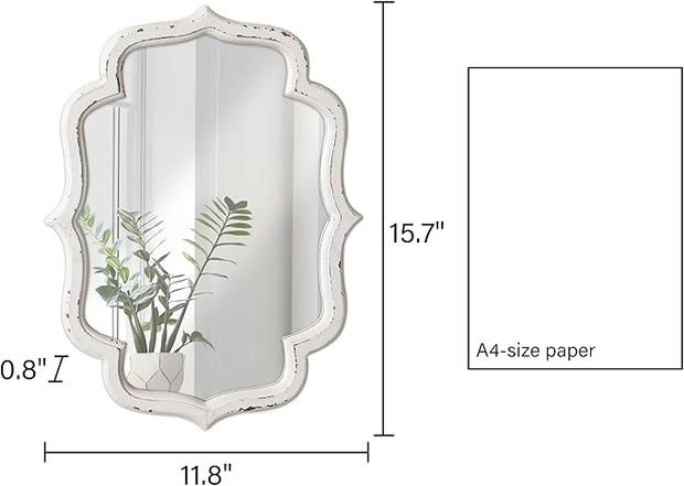 Vintage Small Scalloped Wall Mirror Decorative 16" x 12", Hanging Rustic Distressed White Bathroom Mirrors for Vanity, Farmhouse Wood Quatrefoil Wall Mounted Mirror for Living Room
