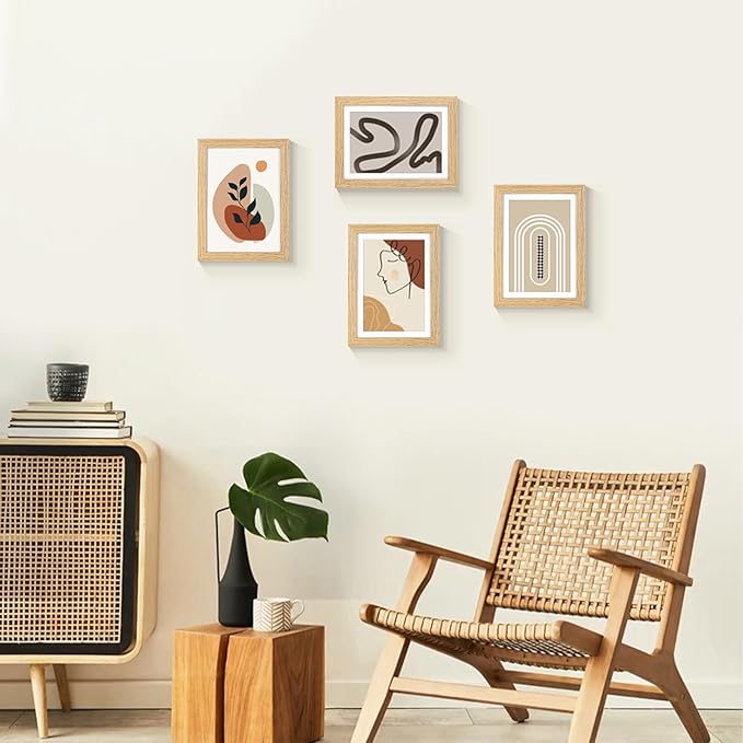 5x7 Picture Frame Set of 4, Displays 4x6 with Mat or 5x7 Without Mat, Photo Frames for Wall Hanging or Tabletop, Includes HD Plexiglass, Light Wood Grain