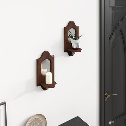 Wooden Arched Floating Shelf - Boho Decor Wall-Mouted Shelves with Mirror Book Display for Bedroom Living Room Bathroom Nursery Home Office 14.5" x 11.6"