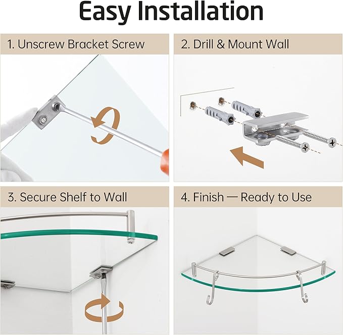 KES Glass Corner Shelf for Bathroom Corner Shelf 2 Pack Tempered Glass Shelf with Rail SUS 304 Stainless Steel Wall Mounted Brushed Finish, BGS2101A-2-P2