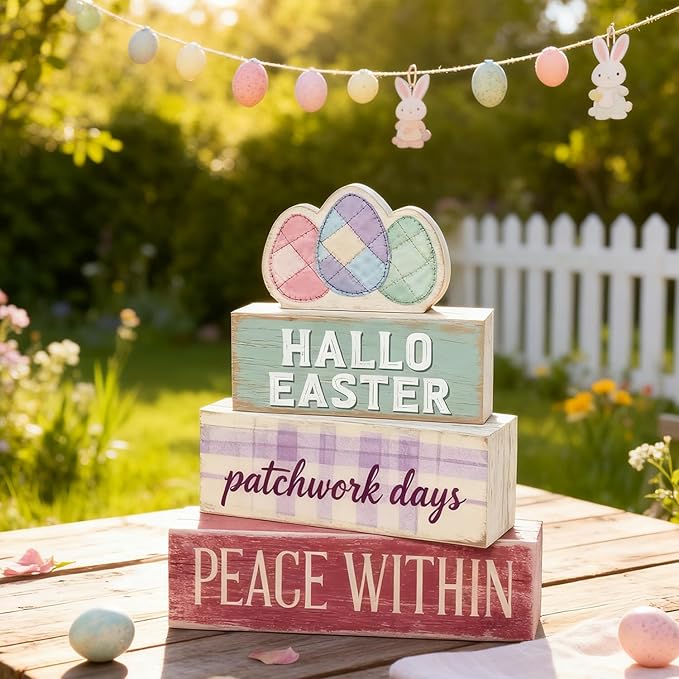 Easter Decorations - Easter Eggs Patchwork Tiered Tray Decor - Wooden Easter Tabletop Sign - Rustic Farmhouse Spring Home Decor Indoor for Tiered Tray Shelf Mantel Entryway Coffee Table - Spring Home Decor for Living Room, Kitchen Counter