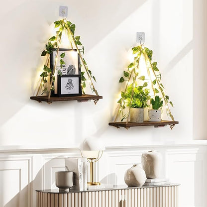 EXIN DECHEN Floating Shelves for Wall No Drilling,Wall Shelves,Hanging Shelf,Leaves and Light Strip with Flower,Set of 2 Plant Decor for Home Livingroom Bedroom,Led Room Decor Aesthetic,Gift