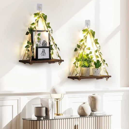 EXIN DECHEN Floating Shelves for Wall No Drilling,Wall Shelves,Hanging Shelf,Leaves and Light Strip with Flower,Set of 2 Plant Decor for Home Livingroom Bedroom,Led Room Decor Aesthetic,Gift