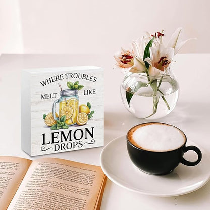 Lemon Themed Gifts Wood Box Sign - Where Troubles Melt Like Lemon Drops, Lemon Rustic Woods Table Decorative Signs for Office Home Lemonade Bar Tabletop Shelf Decoration, Motivational Gifts for Women