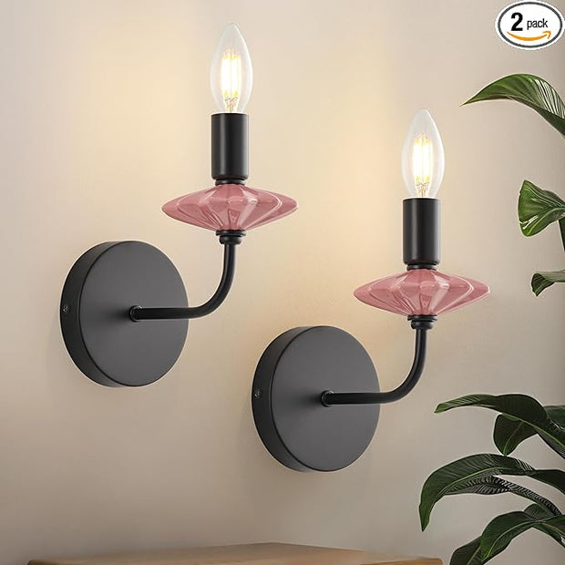 Modern Retro Wall sconces Set of Two with Pink Ceramic Flower Decoration,Black Wall Lights, Hardwired Vintage Vanity Light for Bathroom, Living Room, Bedroom, and hallways.