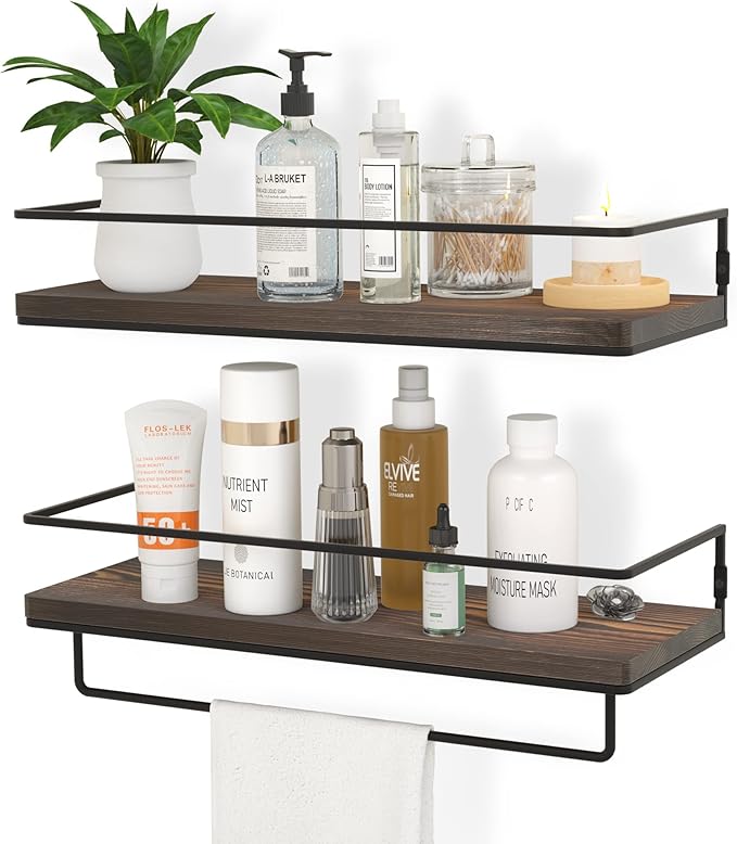ZGO Floating Shelves for Wall Set of 2, Wall Mounted Storage Shelves with Metal Frame and Towel Rack for Bathroom, Kitchen, Bedroom