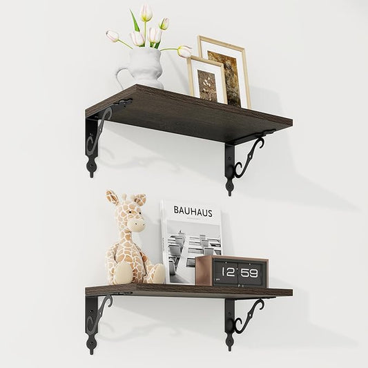 RICHFOCUS Floating Shelves for Wall Decor, 8 Inch Deep Shelves Set of 2, 16W x 8D Floating Shelves Wall Mounted with Metal Brackets, Rustic Wood Shelves for Living Room Bedroom Kitchen, Black