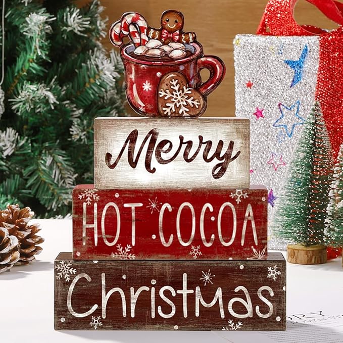 DIYDEC 4Pcs Christmas Wooden Tabletop Decoration Hot Cocoa Wooden Block Signs Gift Rustic Xmas Tiered Tray Decor Merry Christmas Centerpiece Sign Farmhouse Winter Table Home Party Decor
