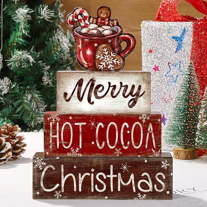 DIYDEC 4Pcs Christmas Wooden Tabletop Decoration Hot Cocoa Wooden Block Signs Gift Rustic Xmas Tiered Tray Decor Merry Christmas Centerpiece Sign Farmhouse Winter Table Home Party Decor