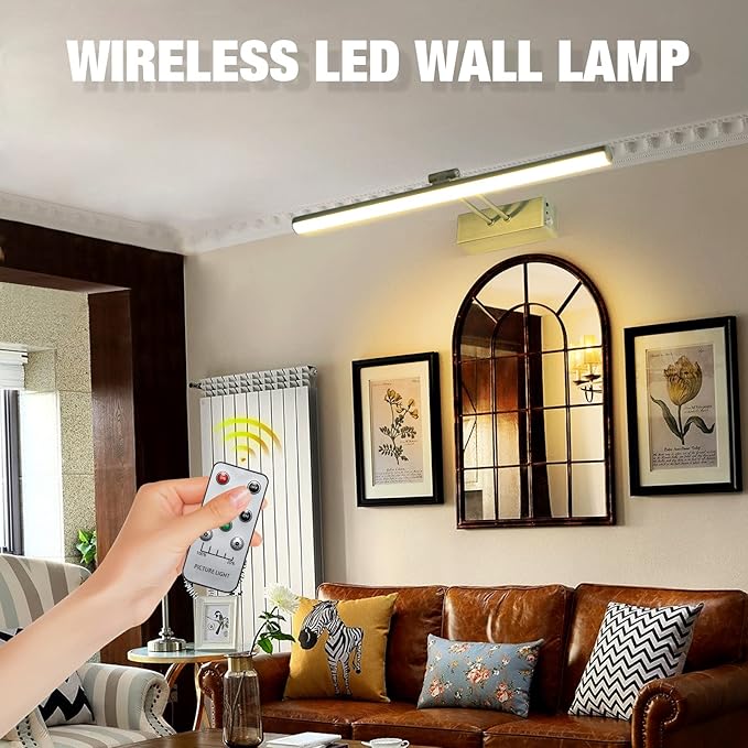 Picture Light,Battery Operated Picture Light with Remote, 16" Metal Art Light for Paintings,Rechargeable Display Lighting of Wall,Portrait,Gallery,Artwork(Antique Brass)