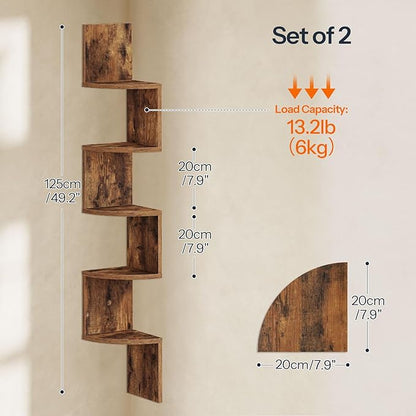 HOOBRO Corner Shelf Wall-Mounted, Set of 2 Floating Corner Shelves for Wall, 5-Tier Corner Bookshelves for Living Room, Bedroom, Bathroom, Home Office, Rustic Brown BF26BJP201