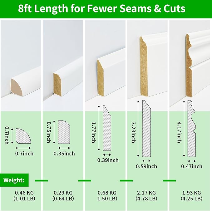 Art3d 8 Pack, 8 ft Each (64 ft Total) MDF Baseboard Wall Molding Trim, Skirting Board Panels, 4.17 in. High, Paintable, Warp-Resistant, Easy Installation for Living Room, Bedroom and Office (White)