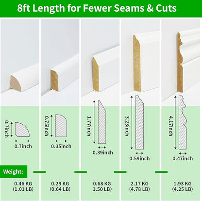 Art3d 8 Pack, 8 ft Each (64 ft Total) MDF Baseboard Wall Molding Trim, Skirting Board Panels, 4.17 in. High, Paintable, Warp-Resistant, Easy Installation for Living Room, Bedroom and Office (White)