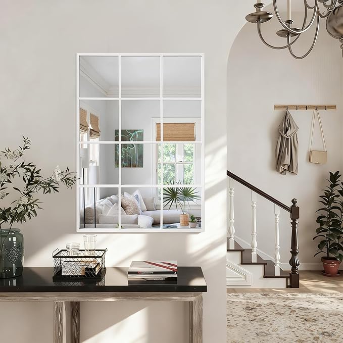White Rectangle Mirror, Metal Framed Wall Mounted Mirror Modern Window Hanging Mirrors for Bedroom Living Room Fireplace 18x26 Inch Decor