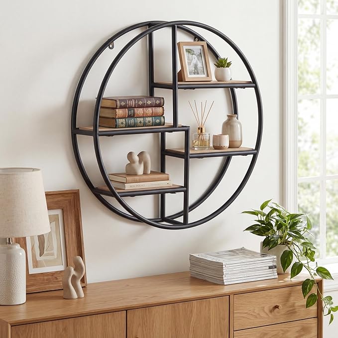 Giantex Industrial Style Round Wall Shelves, 4-Tier Decorative Circle Metal and Wood Wall Shelf for Display & Storage, Modern Geometric Wall Mounted Display Organizer for Living Room, Bedroom, Study