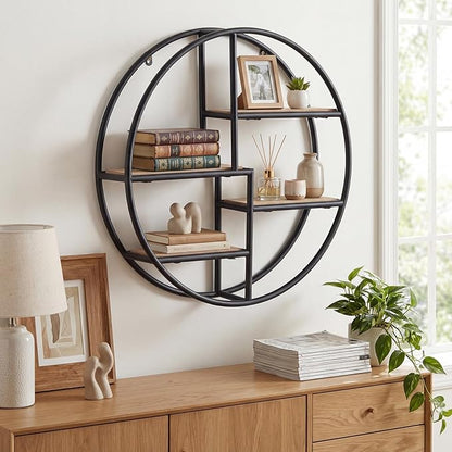 Giantex Industrial Style Round Wall Shelves, 4-Tier Decorative Circle Metal and Wood Wall Shelf for Display & Storage, Modern Geometric Wall Mounted Display Organizer for Living Room, Bedroom, Study