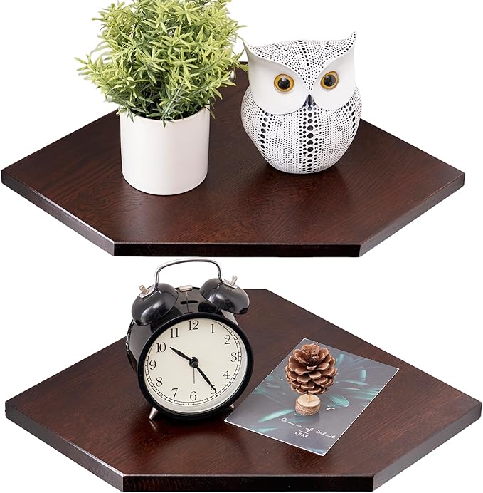 Corner Shelves Wall Mount, Set of 2 Solid Oak Wood Floating Corner Shelves with Wire Hole Display Shelf with Wire Hole Small Plant Display for Kitchen Living Room Bedroom