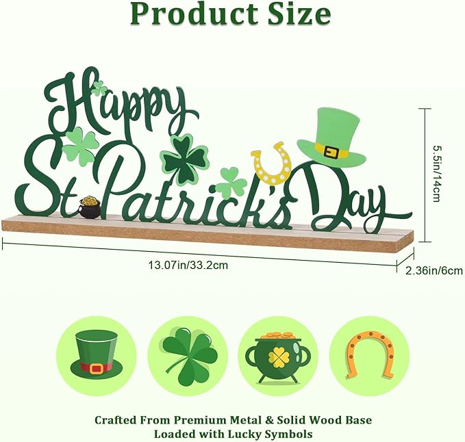 MEETYAMOR St Patricks Day Decorations, Wood Metal Happy St Patricks Day Sign for Table Decor, Farmhouse Rustic St Patricks Day Decorations for The Home, Kitchen, Mantle, Shelf