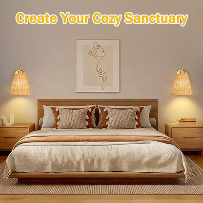 Rattan Rechargeable Battery Operated Wall Sconces Set of 2, Wireless Battery Operated Wall Lights with Remote, 12 Color LED Dimmable 5000mAh Boho Lighting for Bedroom Living Room Hallway