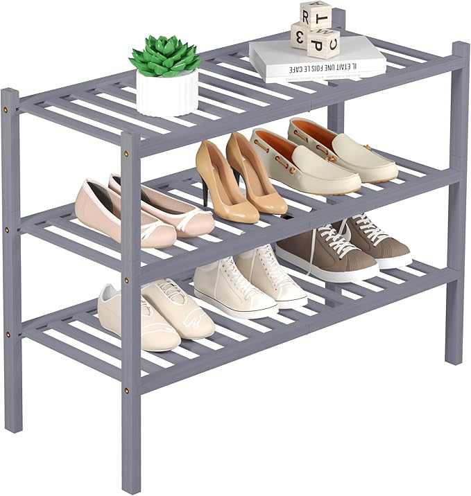 3 Tier Bamboo Shoe Rack for Closet Free Standing Wood Shoe Shelf Storage Organizer for Entryway Small Space Stackable 27