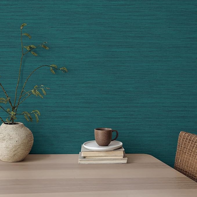 Tempaper Textured Teal Green Horizontal Faux Grasscloth Removable Peel and Stick Wallpaper, 20.5 in X 16.5 ft, Made in The USA