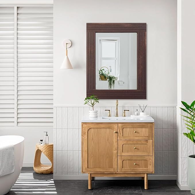 Wood Wall Mirror Rectangular Framed Rustic Vintage Mirrors Decor Farmhouse Bedroom Bathroom Mirror for Dressing Table Entrance Large 26