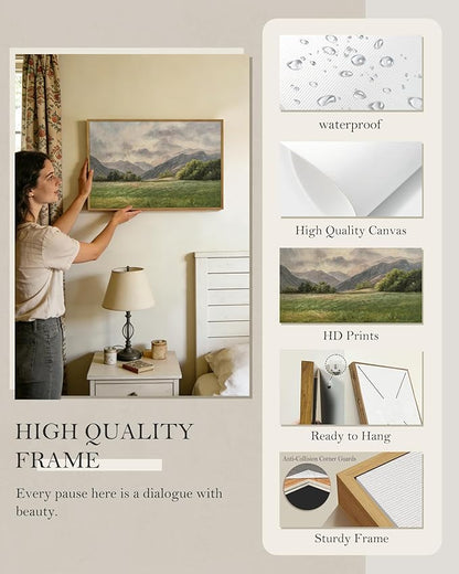 SHENIFY Landscape 16x24in Large Vintage Framed Canvas Wall Art Classical Prairie and Mountain Prints Farmhouse Bathroom Office Decor - Natural Framed