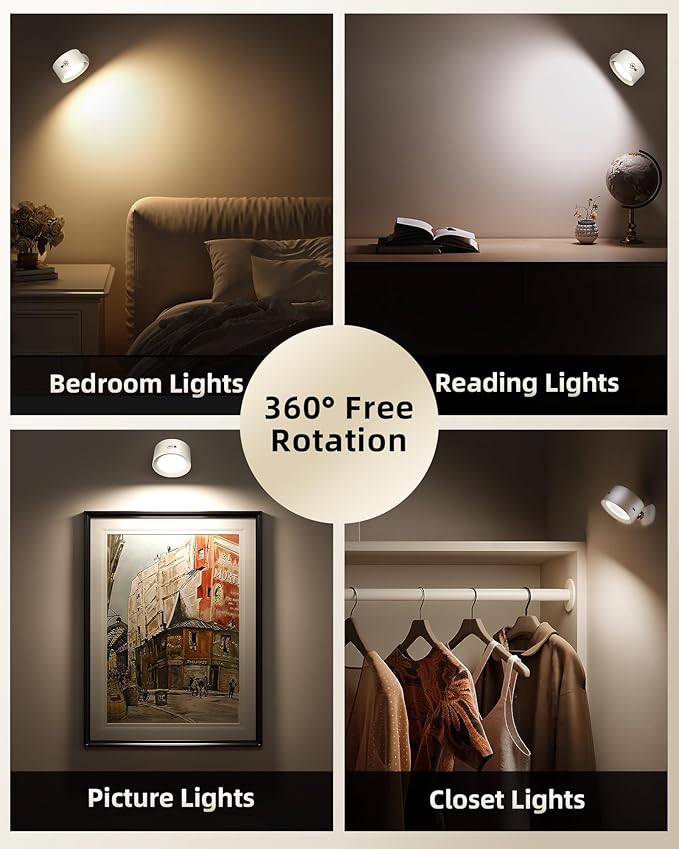 LED Wall Mounted Lights, Rechargeable Wall Sconces Lamp, 3 Color Temps & Remote and Touch, 360°Rotation Dimmable Cordless Wall Light for Study Bedroom Reading Bedside(White, 2 Pack)