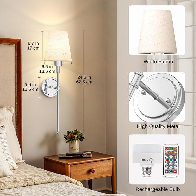 DORESshop Battery Operated Wall Sconce Set of 2, 7 Color Wireless Wall Light Easy to Install, Sconce Wall Decor Set of 2 for Bedroom, Living Room, Fabric Linen Shade, Chrome, 24.6in